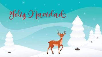 Feliz Navidad Merry Christmas Reindeer in Winter Wonderland vector illustration background