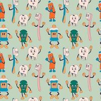 Seamless pattern with Dental instruments and teeth hygiene items in retro cartoon style illustration, vintage character vector illustration . Toothpaste, brush, floss, mouthwash, tooth