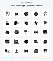 Creative Video Producing And Computer Hardware 25 Glyph Solid Black icon pack  Such As lighting. illumination. motion. tape. reel vector