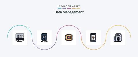 la línea de gestión de datos llenó el paquete de iconos planos 5 que incluye el documento. móvil. almacenamiento. cerrar con llave. computadora vector