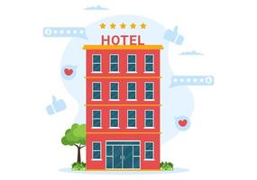 revisión de hotel con servicio de calificación, satisfacción del usuario con el cliente calificado, producto o experiencia en ilustración de plantillas dibujadas a mano de dibujos animados planos vector