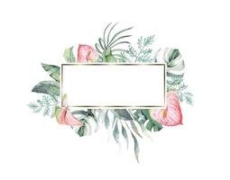 Tropical plants leaves,anthurium background.Frame leaves with watercolor.Botanical background. vector