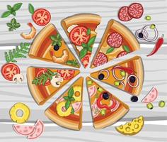 conjunto de pizzas con varios rellenos. ilustración. vector