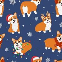 patrones sin fisuras con corgis navideños y copos de nieve. fondo para envolver papel, tarjetas de felicitación y diseños de temporada. Feliz navidad y próspero año nuevo. vector