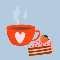 Coffee cup with sweet piece of cake. Hot drink isolated on blue background. vector