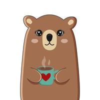 Cute bear holding cup with hot cocoa. Funny animal isolated on white background. vector
