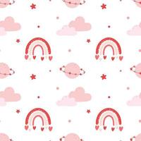 Seamless pattern with clouds, rainbow, planet and hearts. Background for wrapping paper, greeting cards and seasonal designs. Happy Valentine's day. vector