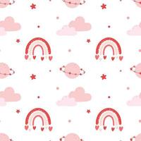 Seamless pattern with clouds, rainbow, planet and hearts. Background for wrapping paper, greeting cards and seasonal designs. Happy Valentine's day. vector