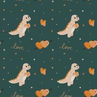 Seamless pattern with dinosaur and hearts. Background for wrapping paper, greeting cards and seasonal designs. Happy Valentine's day. vector