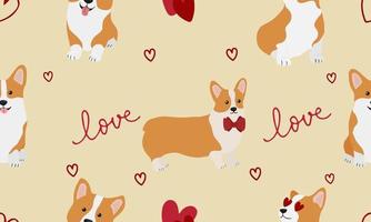 Seamless patten with  corgis and hearts. Background for wrapping paper,  greeting cards and seasonal designs. Happy Valentine's day. vector