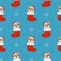 Seamless pattern with corgis in christmas sock. Background for wrapping paper, greeting cards and seasonal designs. Merry Christmas and Happy new year. vector