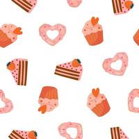 Seamless pattern with cartoon heart shaped donut, muffin, cake. Background for wrapping paper, textile, posters, cards. vector