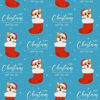 Seamless pattern with corgis in christmas sock. Greeting text Merry Christmas and Happy New Year. Background for wrapping paper, greeting cards and seasonal designs. vector