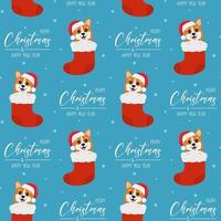 Seamless pattern with corgis in christmas sock. Greeting text Merry Christmas and Happy New Year. Background for wrapping paper, greeting cards and seasonal designs. vector