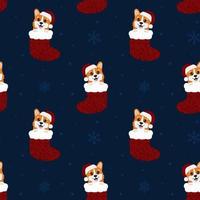 Seamless pattern with corgis in christmas sock. Background for wrapping paper, greeting cards and seasonal designs. Merry Christmas and Happy new year. vector