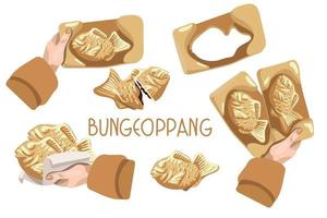 A set of Korean cuisine called Bungeoppang. Street Korean food in the form of fish in a mold. Pie in hand. Suitable for printing on textiles and paper. Illustration banner vector