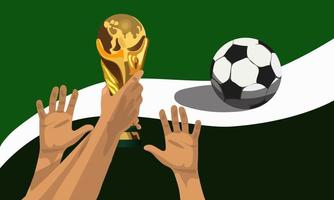 A prize for winning a football game. The prize is in your hands on an abstract green background with a soccer ball. A win. Printing on textiles and paper. Banner, flyer. vector