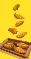 Illustration of falling Empanada pies on a wooden container. All on a yellow background. Suitable for printing a flyer, a banner for a holiday, a postcard, any printed information. vector