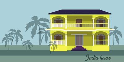 House with palm tree India flat vector illustration. A house with several floors in India on a neutral background with palm trees.