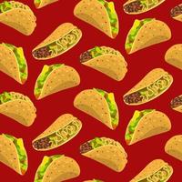 A pattern from an illustration with a Taco. Tacos are chaotic on a red background. Suitable for printing a flyer, a banner for a holiday, a postcard, any printed information. Holiday packing. Kitchen vector