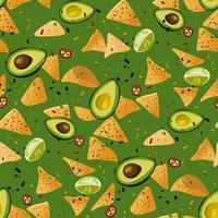 comida mexicana con especias. un patrón de salsa de guacamole y nachos en una mezcla que cae sobre un fondo verde. adecuado para la impresión en textiles y papel. pancarta, folleto, embalaje vector