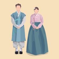 hombres y mujeres con hermosas ropas tradicionales coreanas, hanbok. trajes tradicionales coreanos. ropa popular coreana. ilustración vectorial en un estilo de diseño plano. diseño con sombra vector