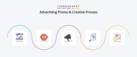 promoción publicitaria y paquete de iconos planos de 5 procesos creativos, incluidos los financieros. análisis. colocar. megáfono. marketing vector