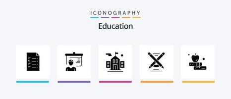 Education Glyph 5 Icon Pack Including . book. flag. apple. pencil. Creative Icons Design vector