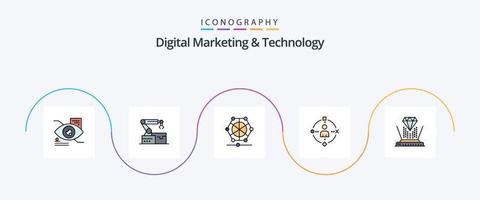 La línea de marketing digital y tecnología llenó el paquete de iconos planos 5 que incluye proyección. experiencia máquina. tecnología. ambiente vector