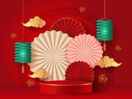 Chinese New Year Background with Podium and Flowers vector