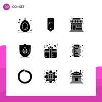 Pack of 9 creative Solid Glyphs of love shield market protection programing Editable Vector Design Elements