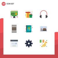 Mobile Interface Flat Color Set of 9 Pictograms of notebook brand identity headset book thumbnails Editable Vector Design Elements