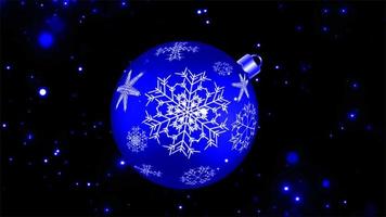 bola azul festiva, brinquedo da árvore de natal com um feriado de floco de neve natal ano novo no fundo de partículas voadoras azuis. fundo abstrato. vídeo em 4k de alta qualidade, design de movimento video
