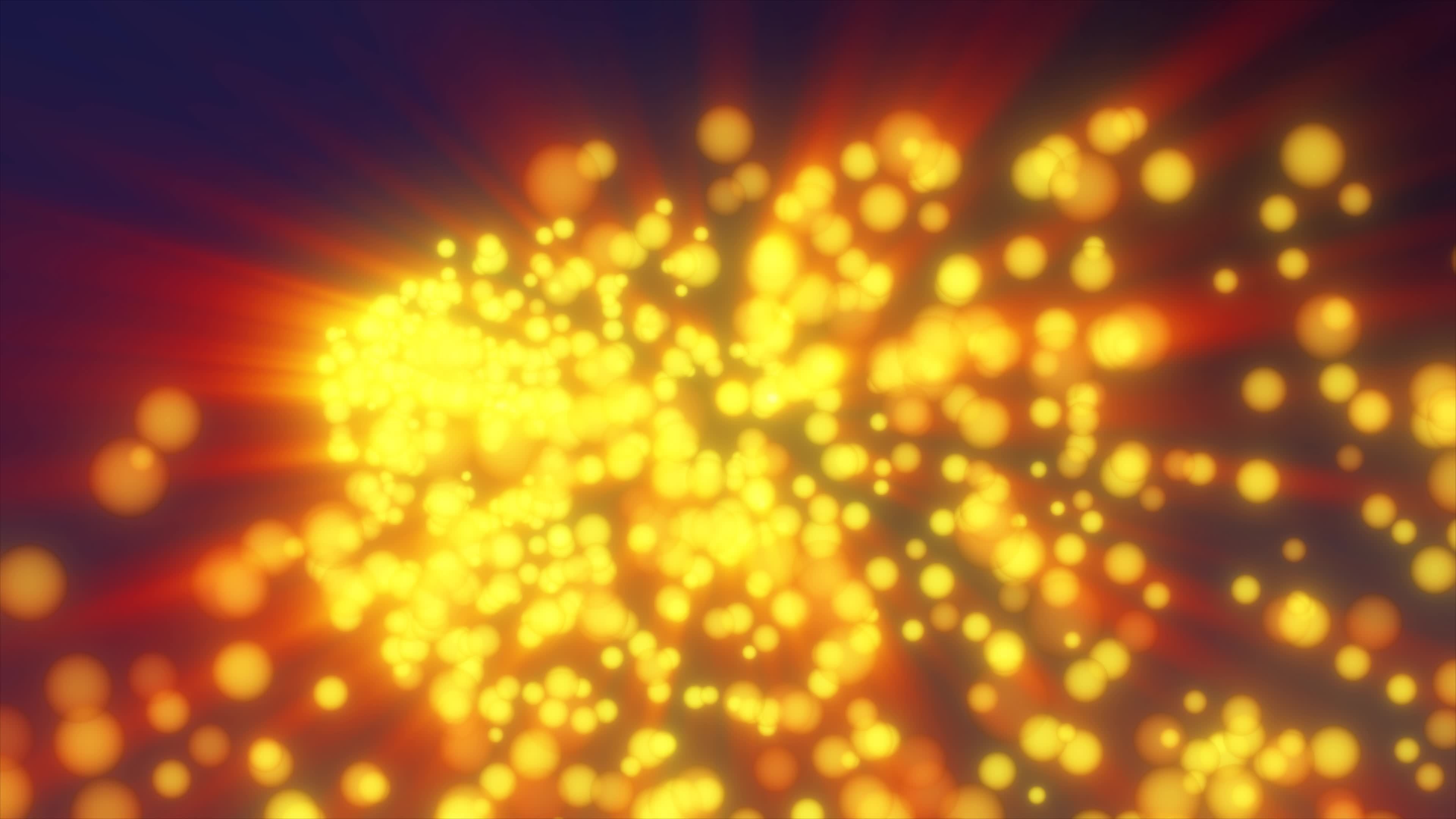 Abstract flying small round yellow glowing particles of bokeh and glare  with shiny energy magical glowing rays on a dark background. Abstract  background. Video in high quality 4k, motion design 16014053 Stock