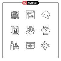 Pack of 9 Modern Outlines Signs and Symbols for Web Print Media such as map business cloud report financial Editable Vector Design Elements