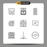 Group of 9 Modern Outlines Set for goal target reward full electricity Editable Vector Design Elements