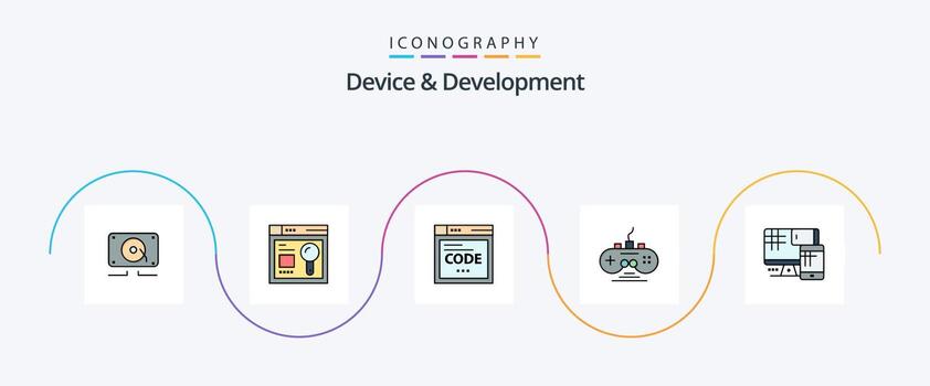 Device And Development Line Filled Flat 5 Icon Pack Including monitor. game pad. browser. game controller. controller vector