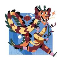 A Man Celebrating Chinese New Year With Dragon Dance vector