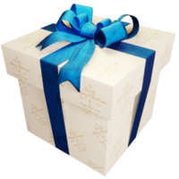 Christmas present of typography striped present with blue ribbon