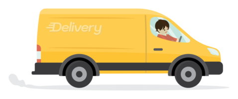 Delivery truck van with courier cartoon isolated. Illustration of yellow truck delivery flat design. png