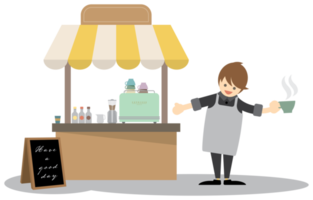 Barista with a cup of hot drinks and coffee shop kiosk illustration. Street cafe flat design. png