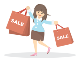 mujeres felices con muchas bolsas de compras en las manos durante la venta o descuento al final de la temporada. ilustración plana de dibujos animados aislada. png