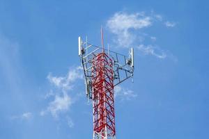 los postes telefónicos altos están listos para distribuir señales telefónicas e Internet para que el público las aproveche al máximo en el contexto del hermoso cielo natural de la tarde, blanco y azul. foto