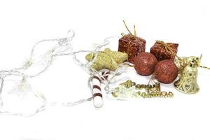 Christmas elements Christmas gift pine branches toy on a white background Laid flat, the top view is a festival celebrated by people all over the world. photo