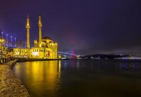 Istanbul. Image of Ortakoy Mosque with Bosphorus Bridge in Istanbul at night. photo