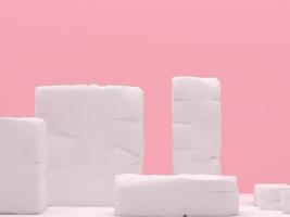 los productos de podio de piedra blanca muestran un renderizado 3d de maqueta mínimo. escena vista frontal habitación rosa y fondo rosa forma de podio naturaleza. stand mostrar producto cosmético. escaparate de escenario en podio de pedestal. foto