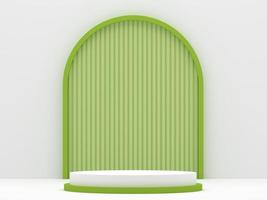geometry podium products display minimal mockup 3d render. front view white room, lime green arch background podium shape geometric. stand show cosmetic product. Stage showcase on pedestal podium. photo