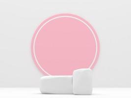 white stone podium products display minimal mockup 3d render. front view white room pink circle background podium shape nature. stand show cosmetic product. Stage showcase on pedestal podium. photo