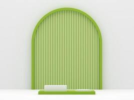 geometry podium products display minimal mockup 3d render. front view white room, lime green arch background podium shape geometric. stand show cosmetic product. Stage showcase on pedestal podium. photo