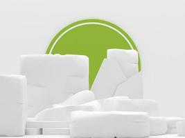 white stone podium products display minimal mockup 3d render. front view white room, lime green circle background podium shape nature. stand show cosmetic product. Stage showcase on pedestal podium. photo